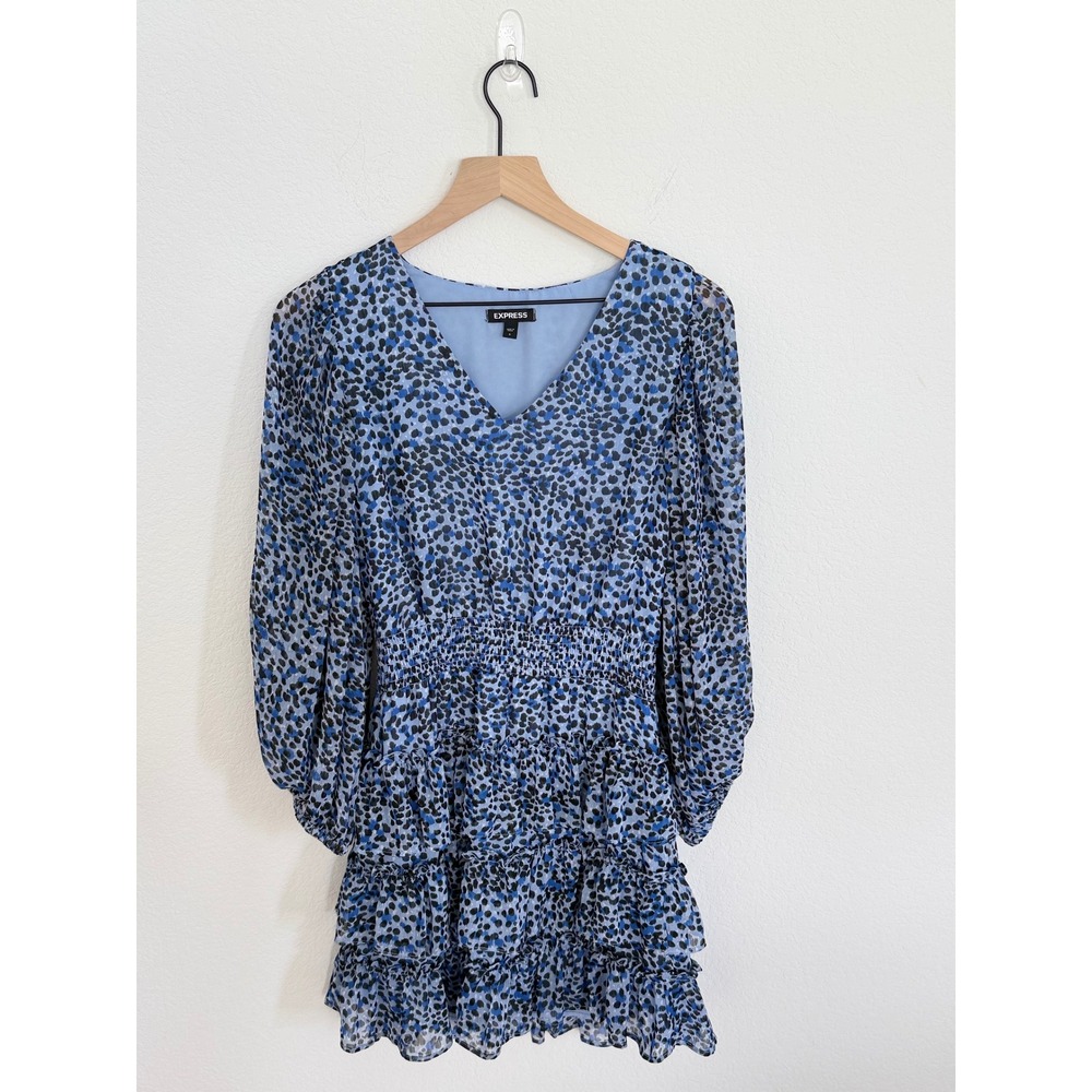 Express Blue Abstract Print Smocked Waist Ruffle Mini Dress Small Long Sleeve